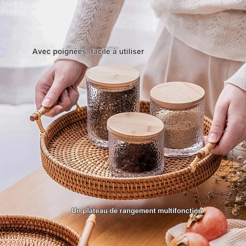Plateau de Service Rond en Rotin avec Poignée