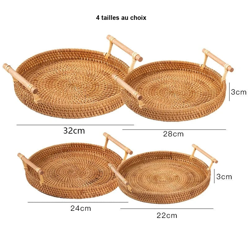 Plateau de Service Rond en Rotin avec Poignée