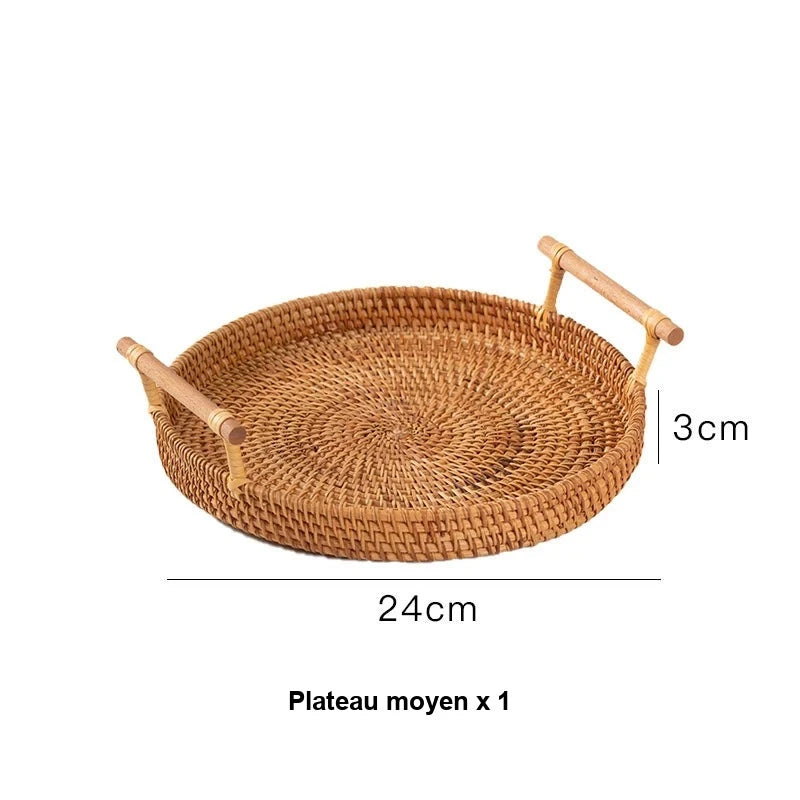 Plateau de Service Rond en Rotin avec Poignée