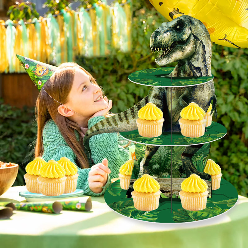 Présentoir Cupcakes 3 Étages Dinosaure – présentoir cupcake – en situation sur un buffet