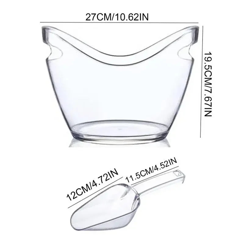 Seau à glace transparent de 27 cm de large et 19,5 cm de haut, avec les dimensions de la pelle