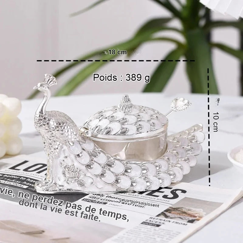 Sucrier Paon Argenté Verre Cuillère Buffet