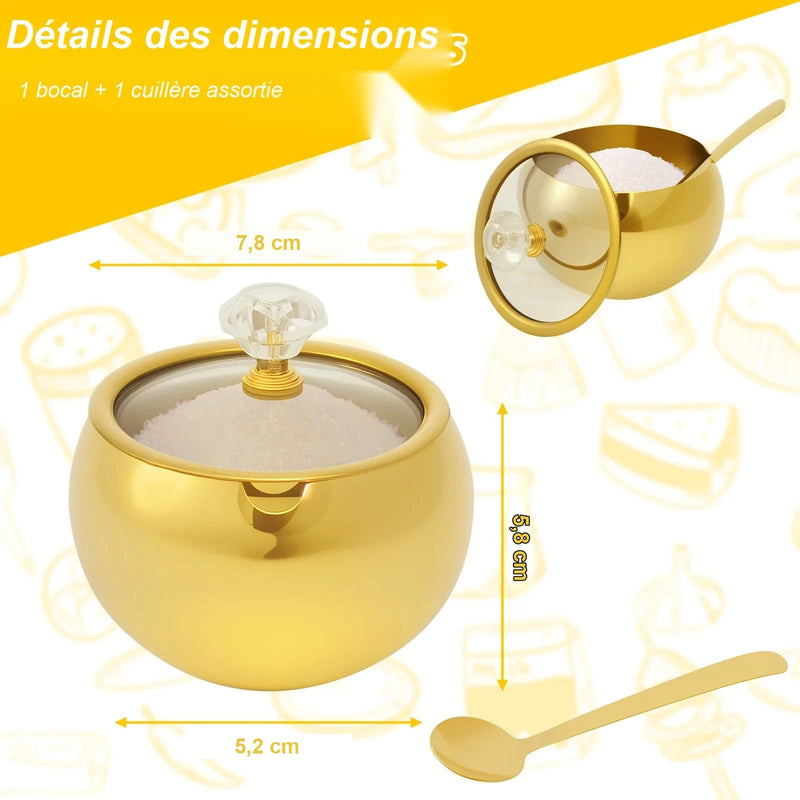 Sucrier inox doré, détails des dimensions 7,8 x 5,8 x 5,2 cm