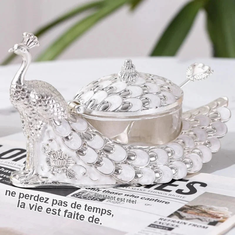 Sucrier Paon Argenté Verre Cuillère Buffet