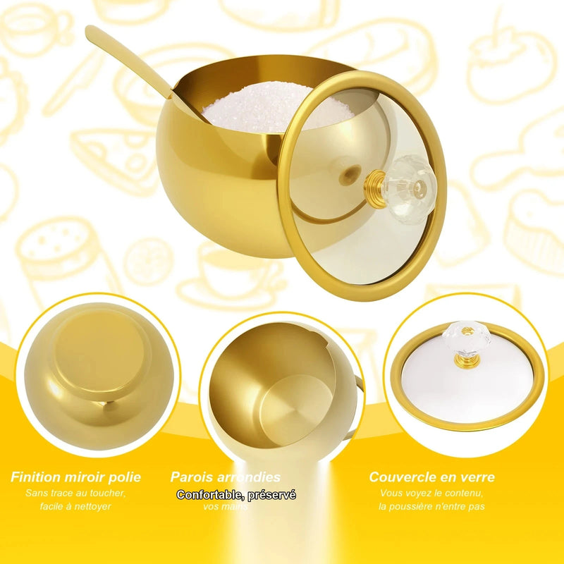 Sucrier inox doré, finition miroir polie, parois arrondies, couvercle en verre