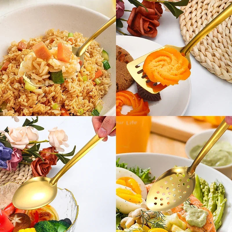 Quatre vues d'ustensiles dorés servant du riz, des légumes sculptés et une salade composée