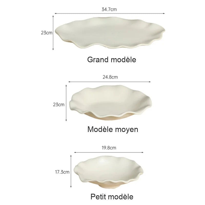 Schéma des trois tailles de plats ondulés : 34,7 cm, 24,8 cm et 19,8 cm