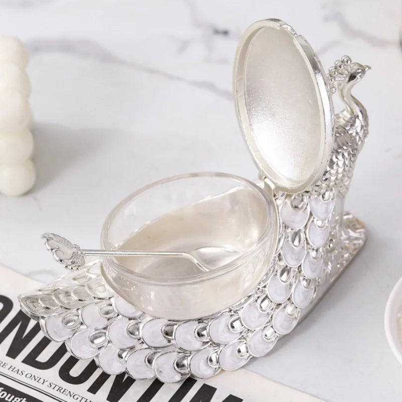 Sucrier Paon Argenté Verre Cuillère Buffet