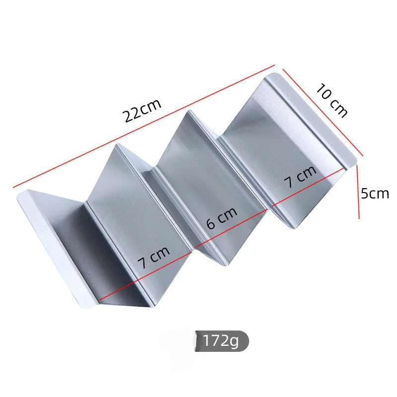 Support à tacos en inox à trois creux, cotes : 22 cm de long, 10 cm de large, 5 cm de haut, 172 g, vue de dessus