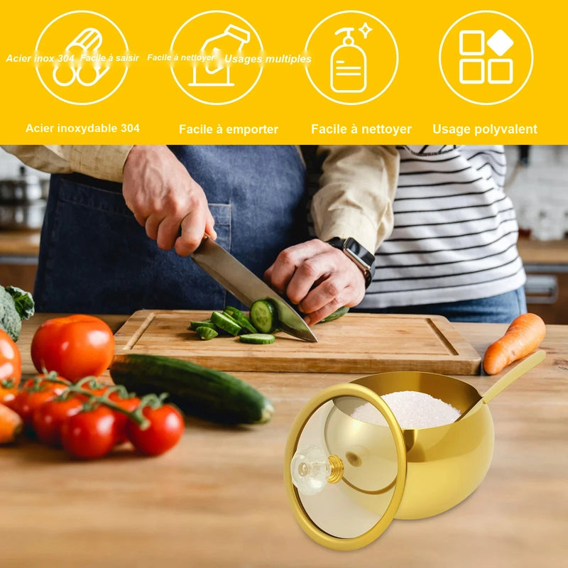 Sucrier inox doré 304, facile à saisir et à nettoyer, usages multiples