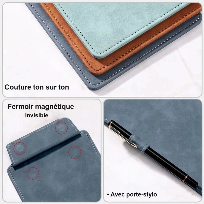 Porte-menu en cuir - couture ton sur ton, fermoir magnétique invisible, porte-stylo