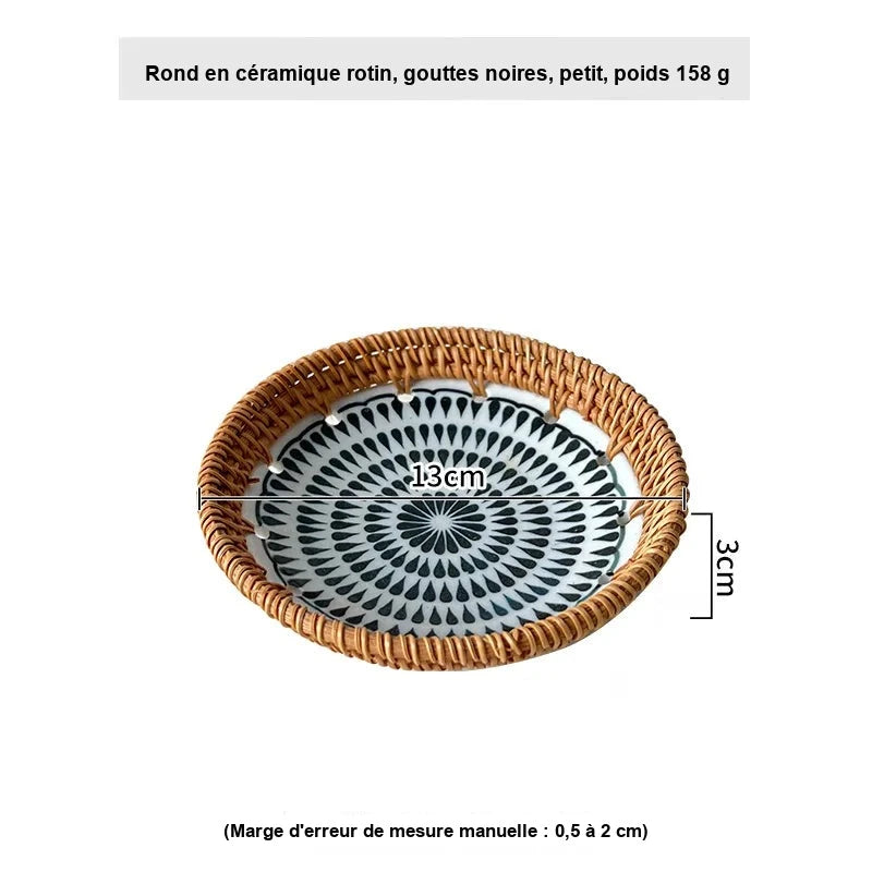 Plateau Rotin Céramique Fruits Gâteau – présentoir gâteau – avec desserts et pâtisseries