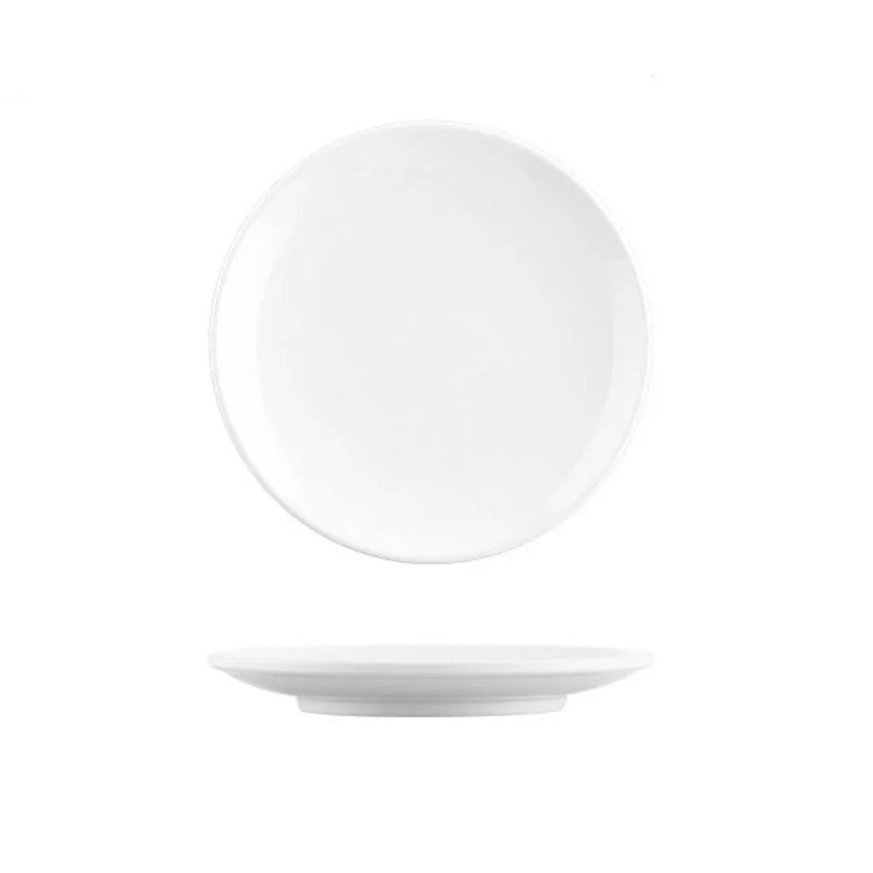 Assiette ronde blanche modèle A, à bord uni, vue de dessus et de profil