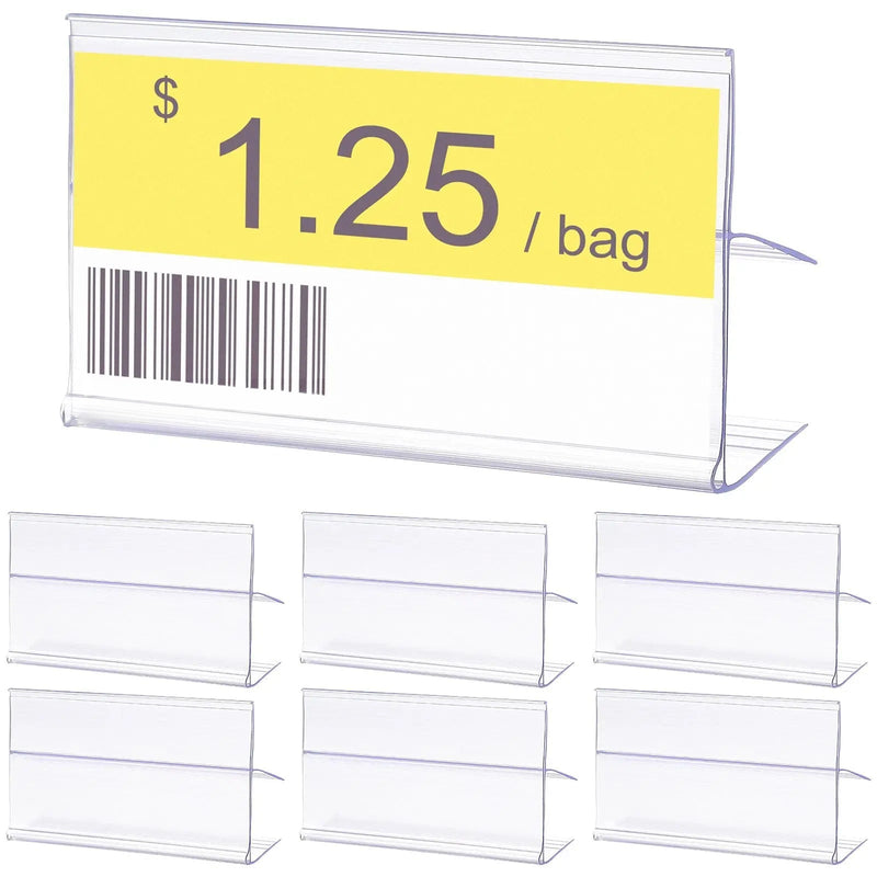 Porte-étiquette buffet transparent forme L portant une étiquette jaune, avec six supports vides en dessous