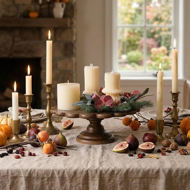 Piédestal Bois Élégant à bord festonné, dressé sur une table avec bougies, figues et couronne de feuillage