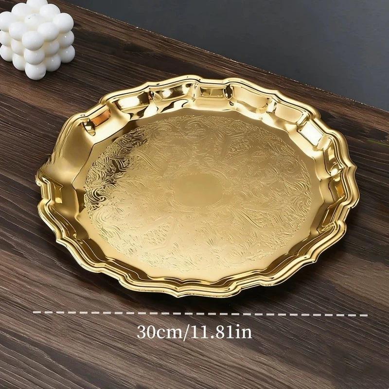 Grand plateau doré ciselé, diamètre 30 cm