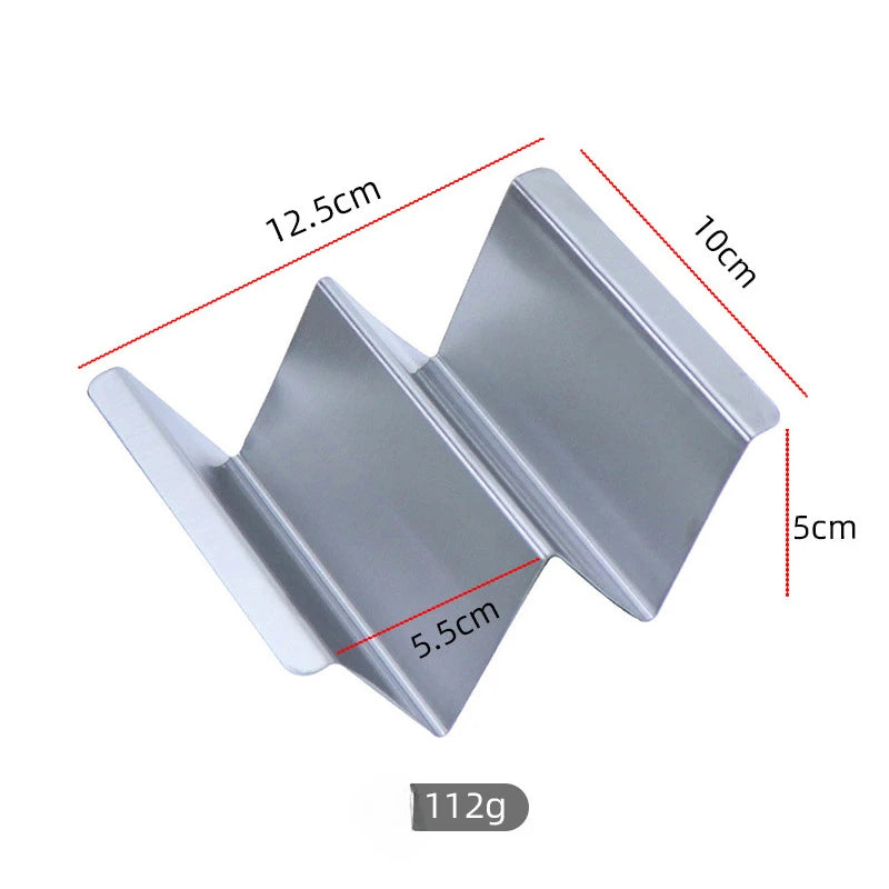 Support à tacos en inox à deux creux, schéma coté : 12,5 cm de long, 10 cm de large, 5 cm de haut, 112 g