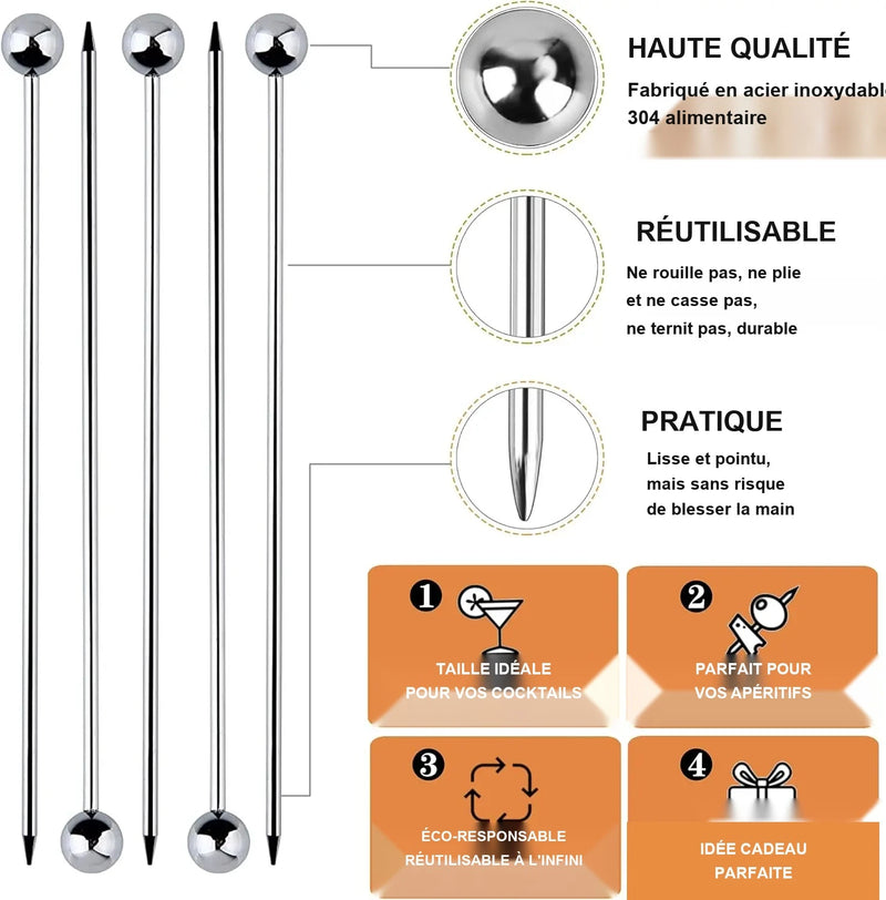 Piques à cocktail inox - haute qualité, réutilisable et pratique