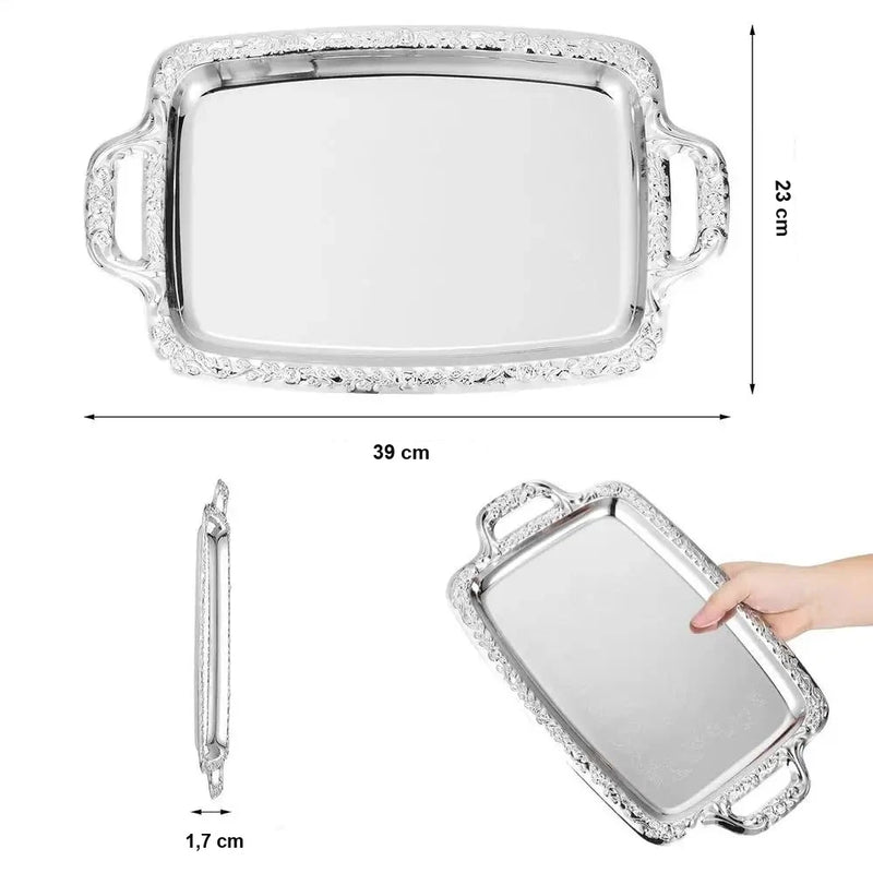 Plateau de Service Inox Argenté Bord Ciselé