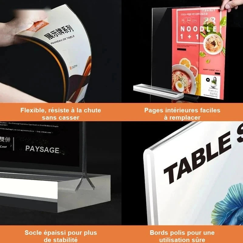 Porte-menu acrylique - souplesse, remplacement des pages et socle renforcé