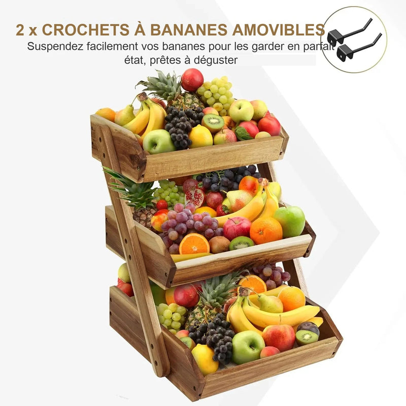 Présentoir en bois à trois niveaux garni de fruits, avec deux crochets à bananes amovibles