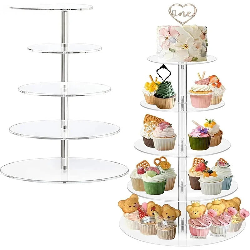 Présentoir Cupcake Acrylique Rond 3 4 5 Étages : tour acrylique à cinq plateaux, vide et garnie de cupcakes