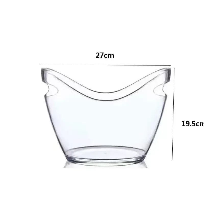 Seau à glace transparent vide vu de face, 27 cm de large et 19,5 cm de haut