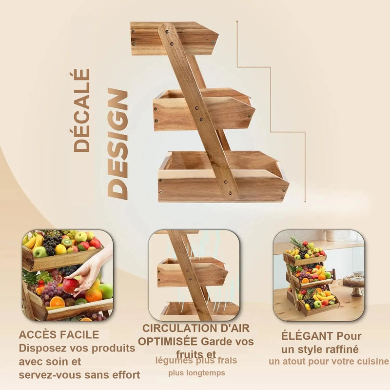 Schéma du présentoir en bois à trois niveaux décalés, avec trois vignettes d'usage
