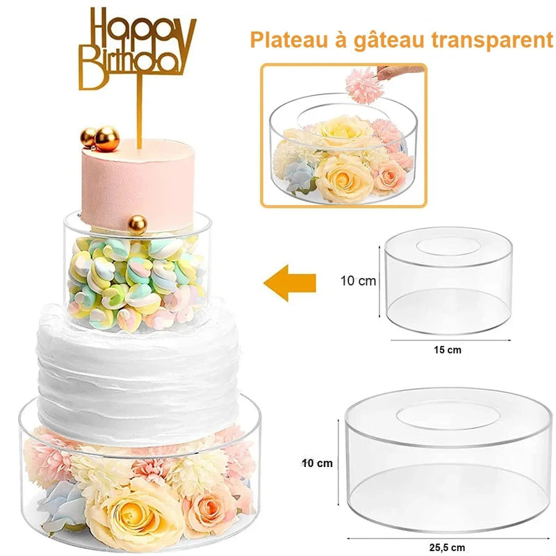 Présentoir Gâteau Acrylique Rond Socle Transparent : gâteau rose sur socles garnis de bonbons et de fleurs, avec cotes