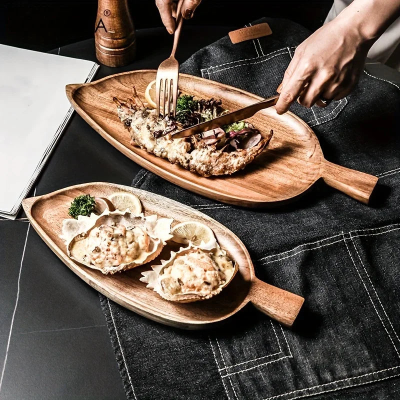 Plateau de Service Bois Forme Feuille