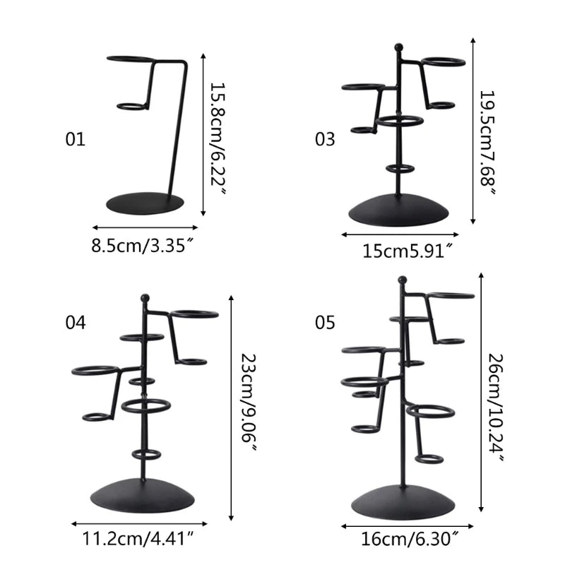 Schéma coté de quatre supports à cornets : hauteurs de 15,8 à 26 cm, bases de 8,5 à 16 cm