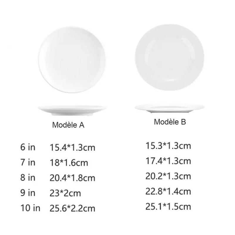 Tableau des tailles des assiettes blanches, modèle A et modèle B, de 6 à 10 pouces