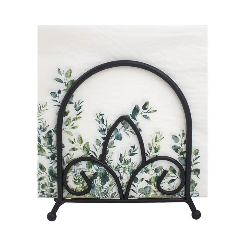 Porte-serviettes noir en arche à volutes avec des serviettes en papier à motif de feuillage vert