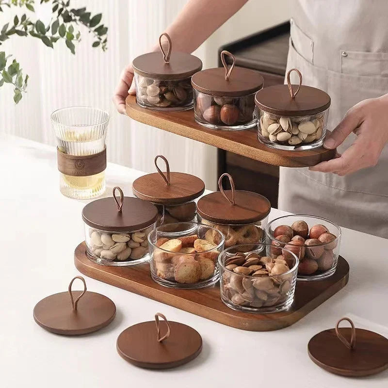 Bocal Apéritif Verre Couvercle Bois sur Plateau