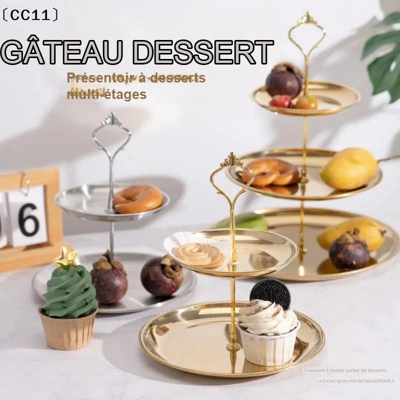Présentoir Gâteaux Étages Doré Argenté – présentoir gâteau – en situation sur un buffet