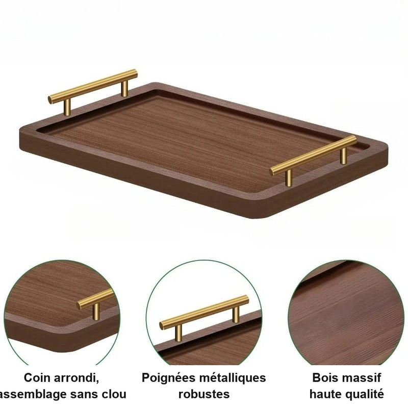 Plateau de service en bois avec poignées dorées - détails coin arrondi, poignées et bois massif