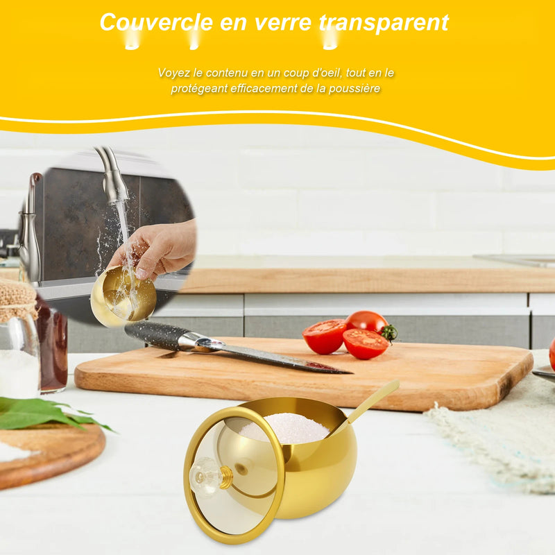 Sucrier inox doré, couvercle en verre transparent, facile à nettoyer