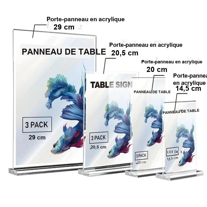 Porte-menu acrylique - comparatif des tailles disponibles
