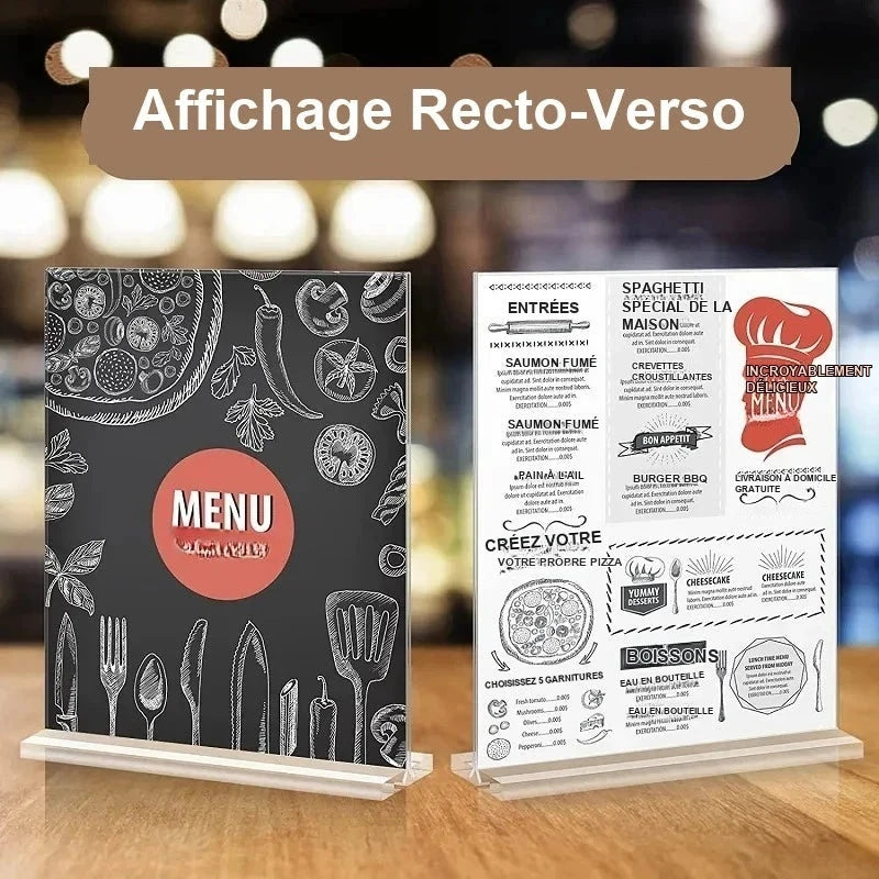 Porte-menu acrylique recto-verso pour restaurant