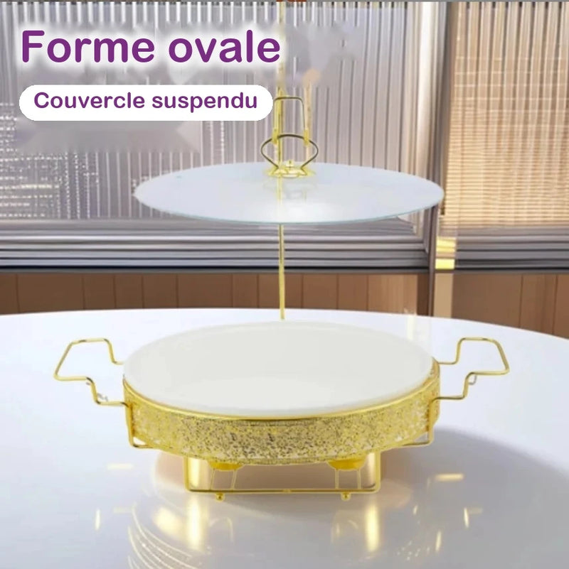 Chauffe-plat ovale en céramique avec couvercle en verre suspendu