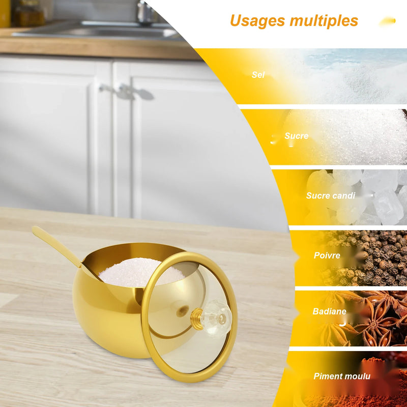 Sucrier inox doré, usages multiples : sel, sucre, sucre candi, poivre, badiane, piment moulu